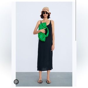 Zara Black Strappy Sleeve Side Slit Scoop Neck Midi Dress